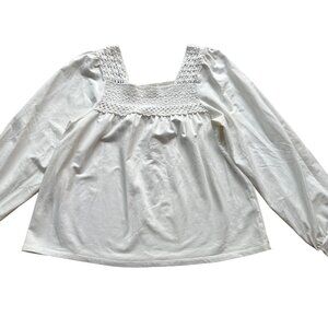 Hinge Size M White Long Sleeve Square Neck Smocked Crochet Peasant Blouse Top